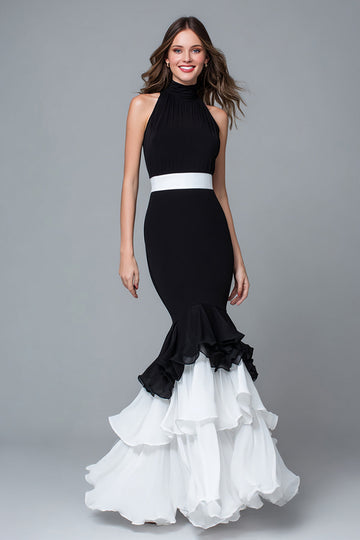 Robe longue formelle sirène à volants à col haut noir et blanc
